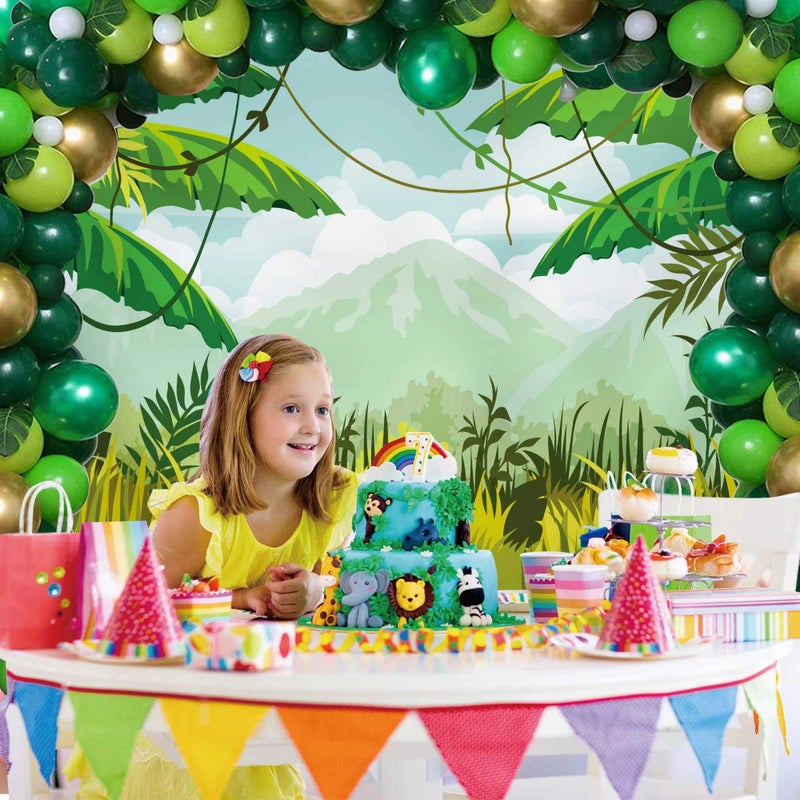 HABOKE Safari Birthday Decorations 7x5ft Ployester Fabric Photography Backdrop Green Spring Forest Jungle Party Background Banner Supplies Baby Shower Decorations - Image 4